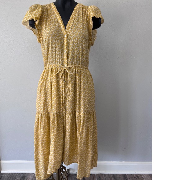 Birds of Paradis by Trovata Dresses & Skirts - Birds of Paradis Trovata Tiered Midi Dress Flutter Sleeve XS Yellow Floral Fairy